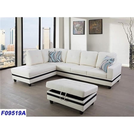 PonLiving Furniture LSF09519A 3 Piece Left Facing Sectional Sofa Set with Ottoman, Faux Leather - White & Black