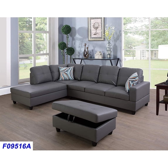 PonLiving Furniture Left Facing 3PC Sectional Sofa Set,Faux Leather,Left Facing Dark Grey PonLiving Left Facing 3PC Sectional Sofa Set,Faux Leather,Left Facing Dark Grey