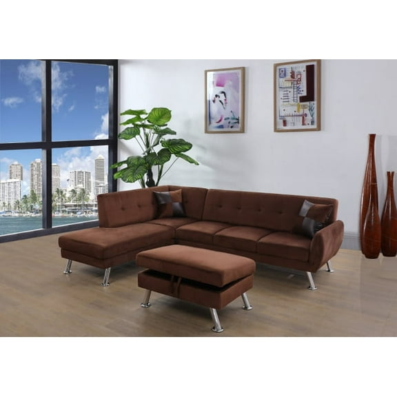PonLiving Furniture Maghin 104'' Chocolate Microfiber Linen Sectional Sofa with Storage Ottoman Right Hand Facing