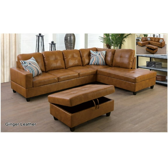 PonLiving Furniture Modern Sectional Sofa Set, Ginger Leather Living Room Sets in Home, with Storage Ottoman and Matching Pillows Right Hand Facing