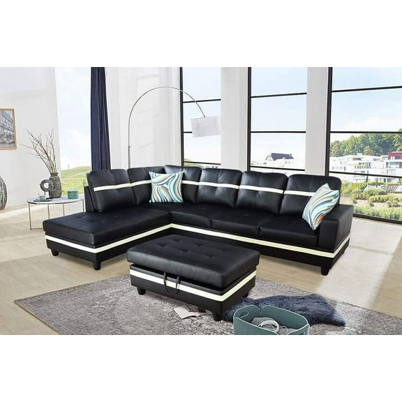 PonLiving Furniture Pappas 103.5'' Sleeper Sectional with Storage Ottoman, Right & Left Hand Facing, Leather Upholstered