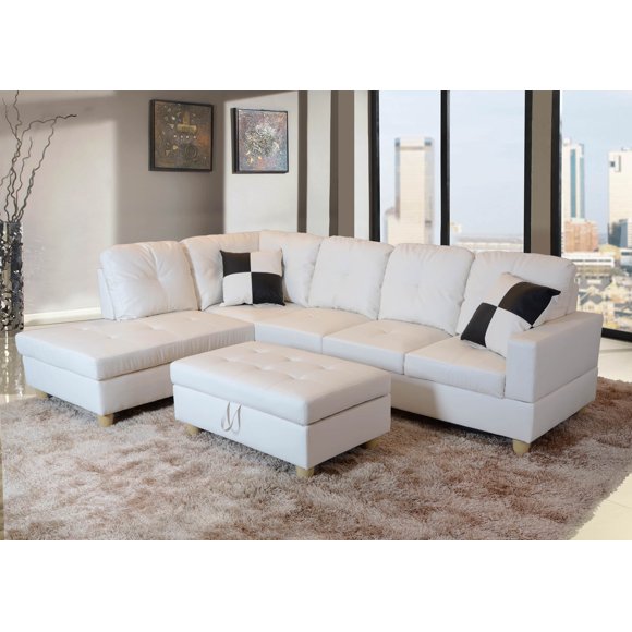 PonLiving Furniture Raphael White Faux Leather Left Facing Sectional Sofa With Ottoman PonLiving Raphael White Faux Leather Left Facing Sectional Sofa With Ottoman