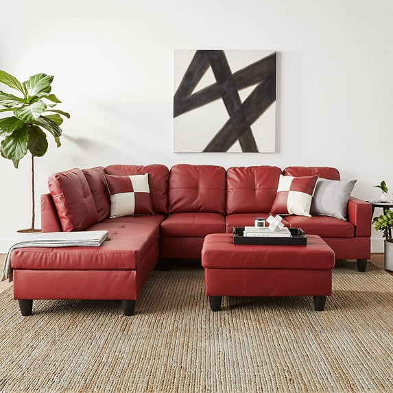PonLiving Furniture Red Faux Leather 3 Piece Sectional Sofa Couch Set, L-Shaped Modern Sofa with Chaise Storage Ottoman for Living Room Furniture, Left Hand Facing