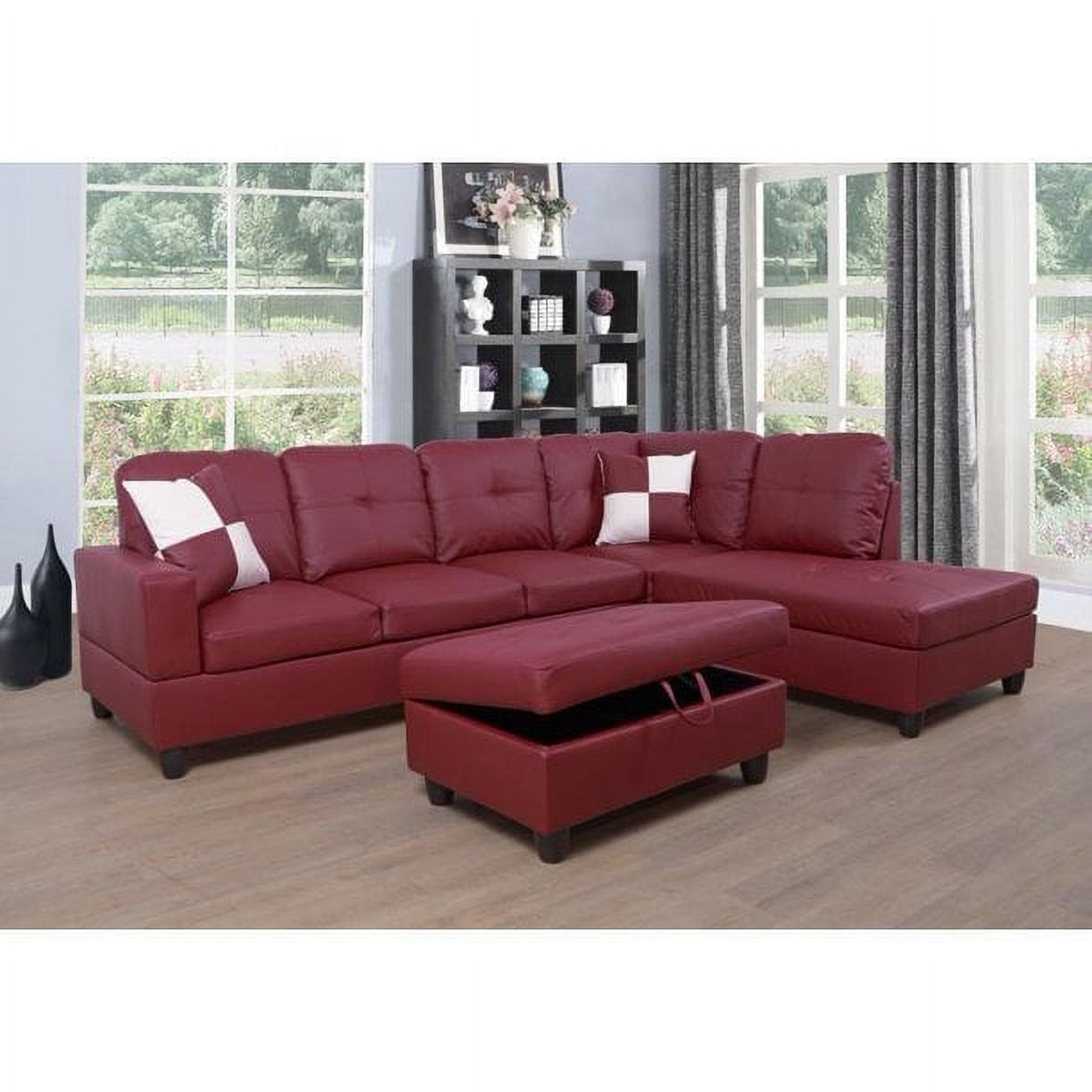 PonLiving Furniture Red Faux Leather 3 Piece Sectional Sofa Couch Set, L-Shaped Modern Sofa with Chaise Storage Ottoman for Living Room Furniture, Right Hand Facing