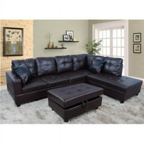 PonLiving Furniture Right Facing Sectional Sofa Set with Ottoman, Faux Leather Brown