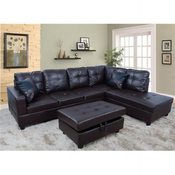 PonLiving Furniture Right Facing Sectional Sofa Set with Ottoman, Faux Leather Brown