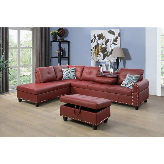 PonLiving Furniture Room Sectional Set, Leather Sectional Sofa in Home, with Storage Ottoman and Matching Pillows Left Hand Facing Red