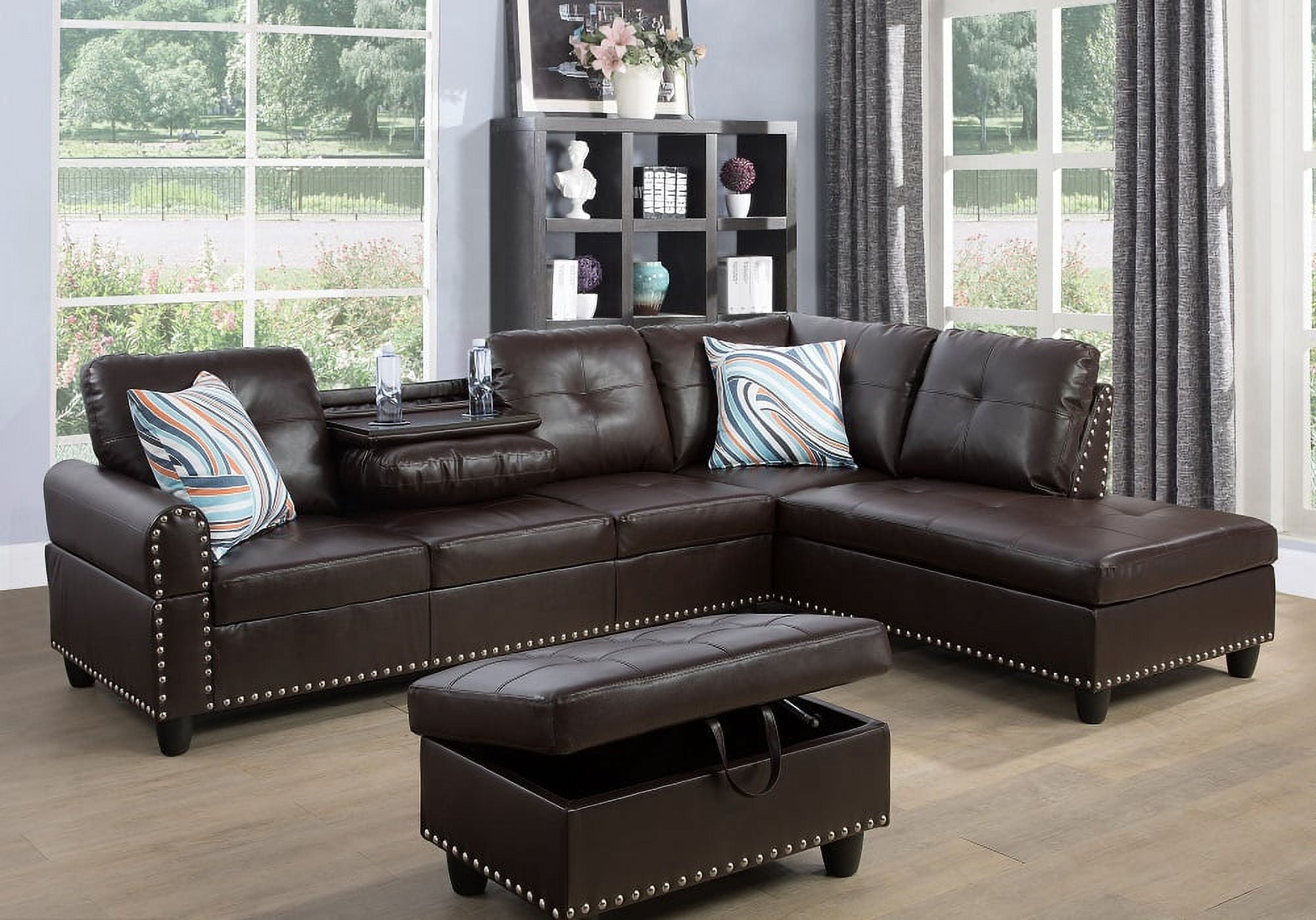 PonLiving Furniture Room Sectional Set Leather Sectional Sofa in Home with Storage Ottoman and Matching Pillows Right Hand Facing Brown