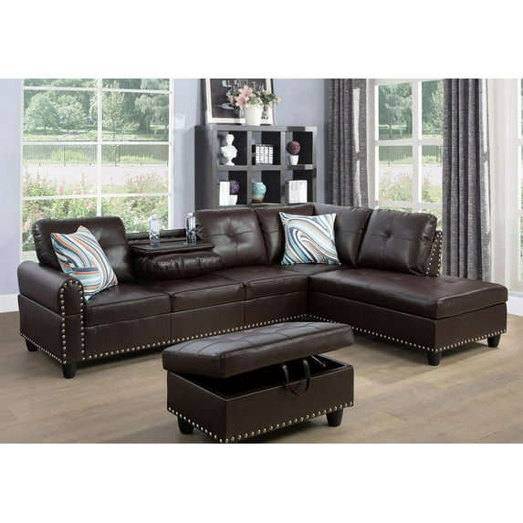 PonLiving Furniture Room Sectional Set, Leather Sectional Sofa in Home, with Storage Ottoman and Matching Pillows Right Hand Facing Brown