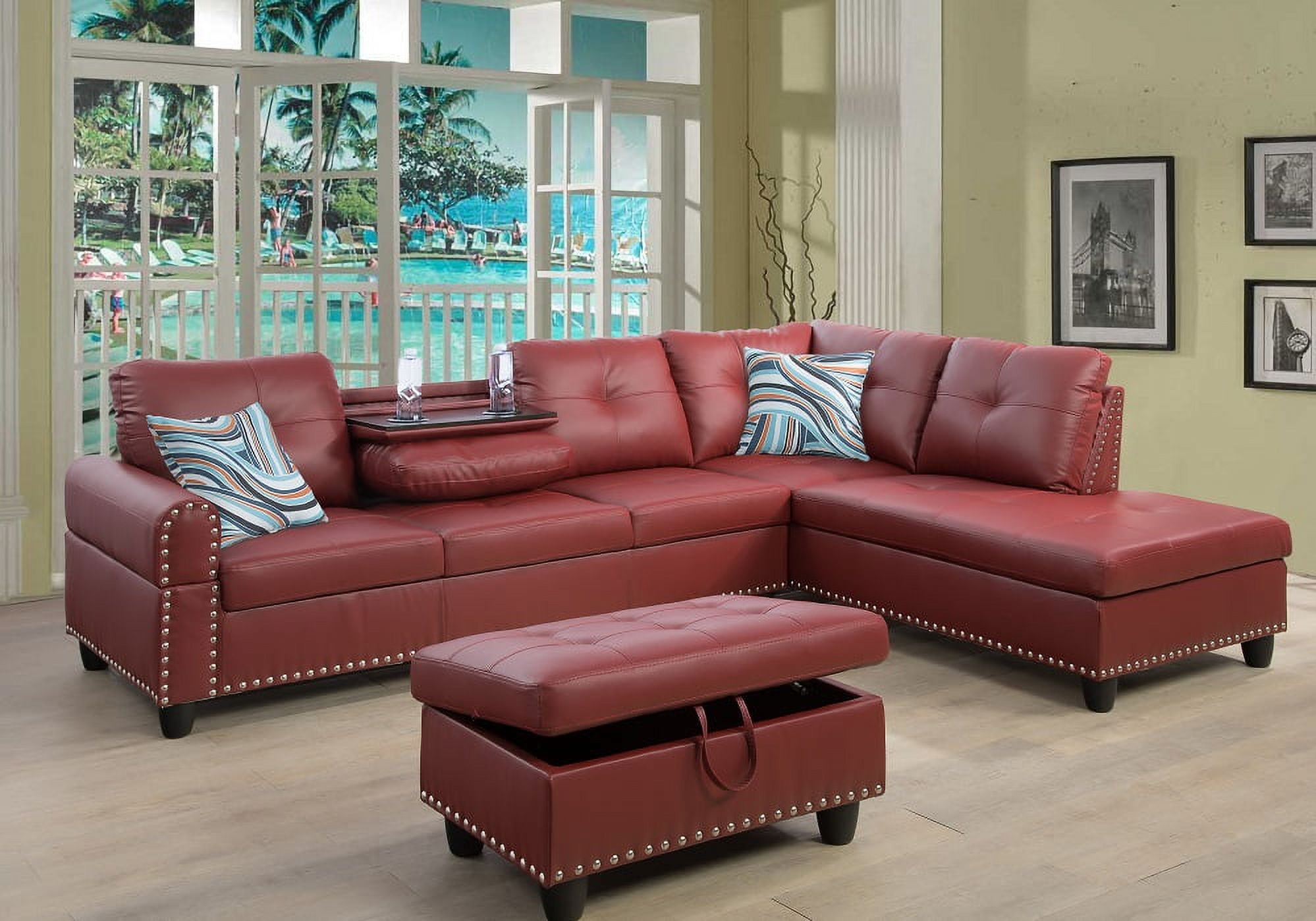 Ponliving Furniture Room Sectional Set Leather Sofa In Home With Storage Ottoman And Matching Pillows Right Hand Facing Red Com