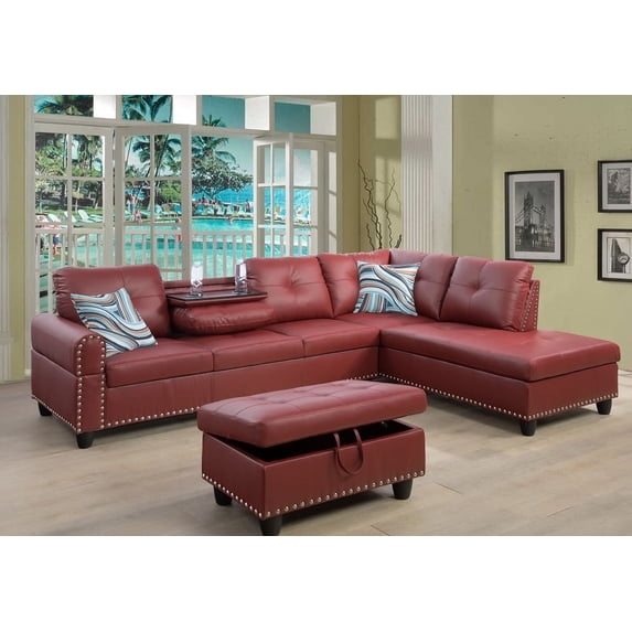 PonLiving Furniture Room Sectional Set, Leather Sectional Sofa in Home, with Storage Ottoman and Matching Pillows Right Hand Facing Red