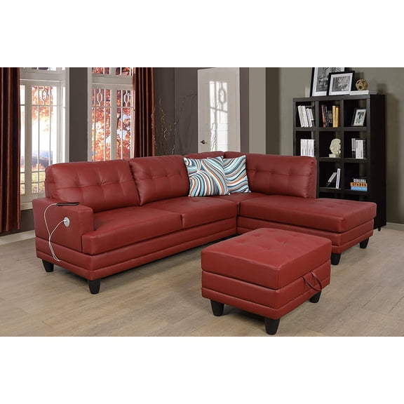 PonLiving Furniture Sectional Sofa Set with Massage Function, 95.7â€W, Faux Leather Upholstered Couch with Storage Ottoman & 2 Throw Pillows, Right Hand Facing, Red