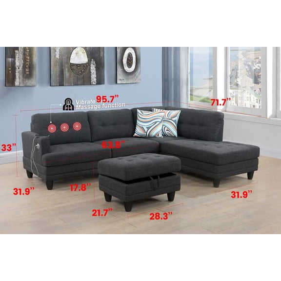 PonLiving Furniture Sectional Sofa Set with Massage Function, 95.7â€W, Linen Fabric Upholstered Couch with Storage Ottoman & 2 Throw Pillows, Right Hand Facing, Dark Grey