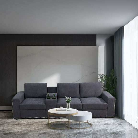 PonLiving Grey Flannel 4-Pieces USB and power outlet Living Room Sofa Set