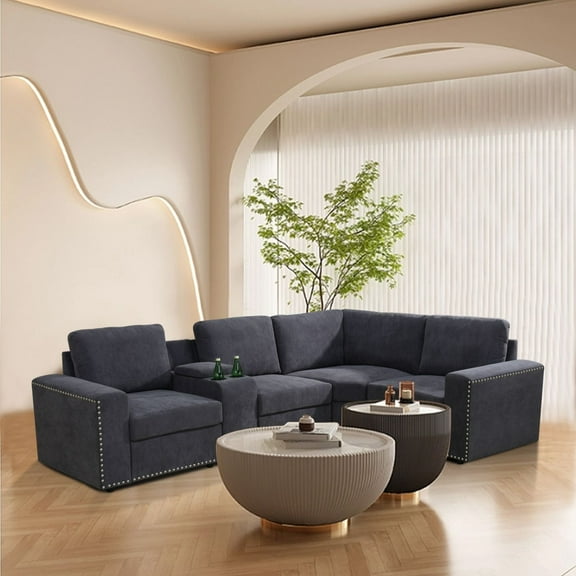 PonLiving Grey Flannel 5-Pieces USB and power outlet Living Room Sofa Set