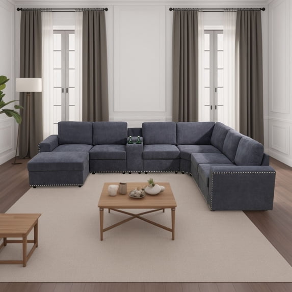 PonLiving Grey Flannel 8-Pieces USB and power outlet Living Room Sofa Set