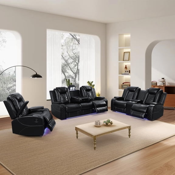 PonLiving Leather Power Recliner Sofa Set LED Lights USB Chargers Black Leather Living Room Furniture Set SOFA+LOVESEAT+CHAIR