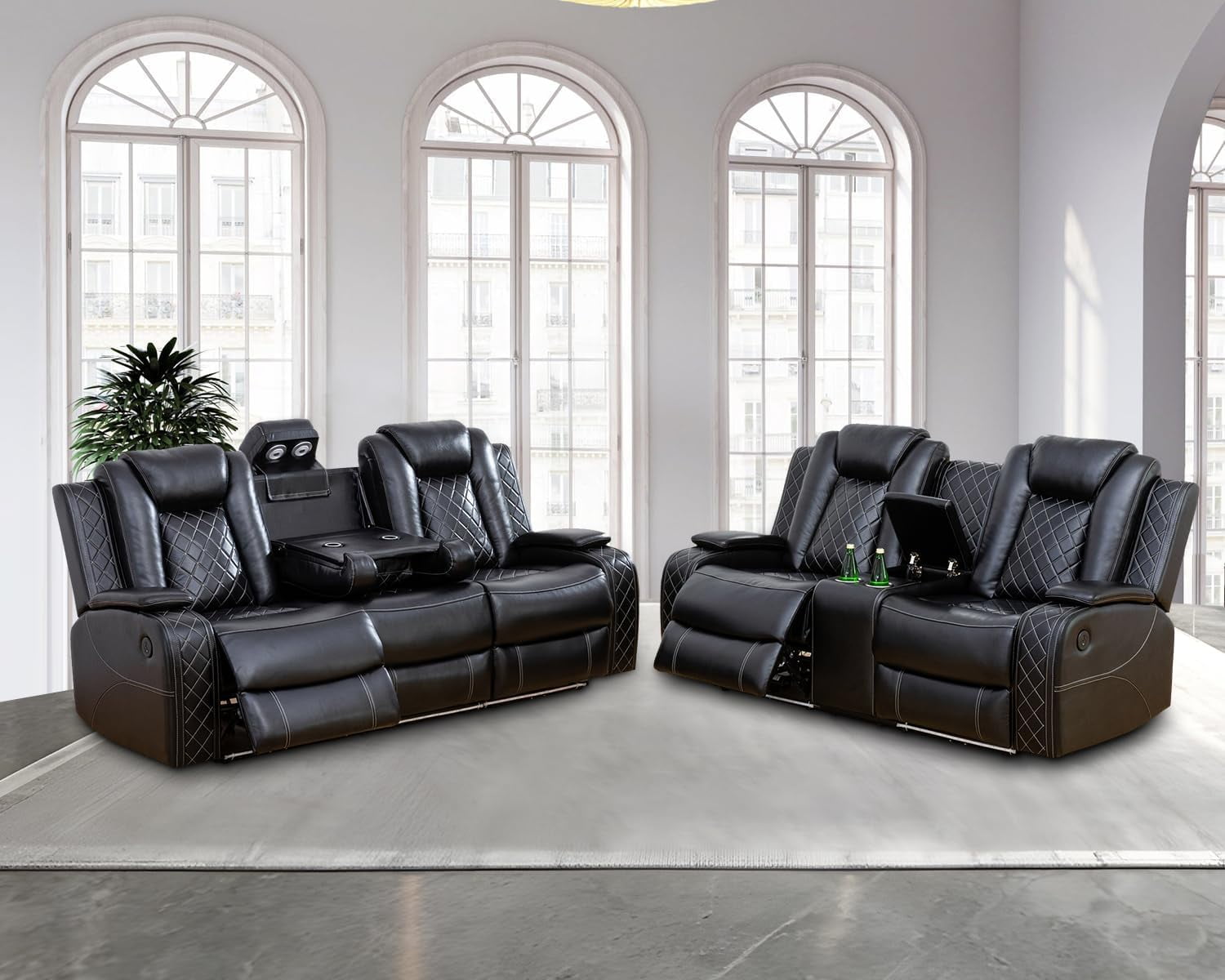 PonLiving Leather Power Recliner Sofa Set LED Lights USB Chargers Black Leather Living Room Furniture Set SOFA+LOVESEAT
