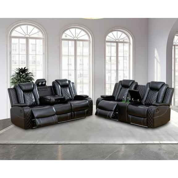 PonLiving Leather Power Recliner Sofa Set LED Lights USB Chargers Black Leather Living Room Furniture Set SOFA+LOVESEAT