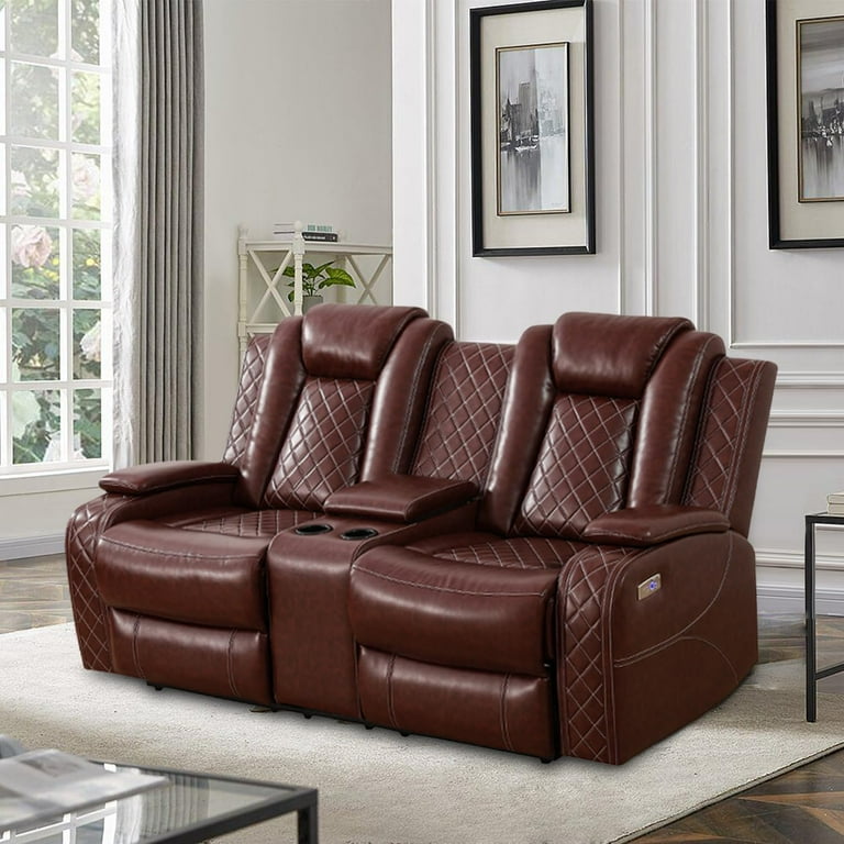 PonLiving Leather Power Recliner Sofa Set LED Lights USB Chargers Burgundy Leather Living Room Furniture LOVESEAT
