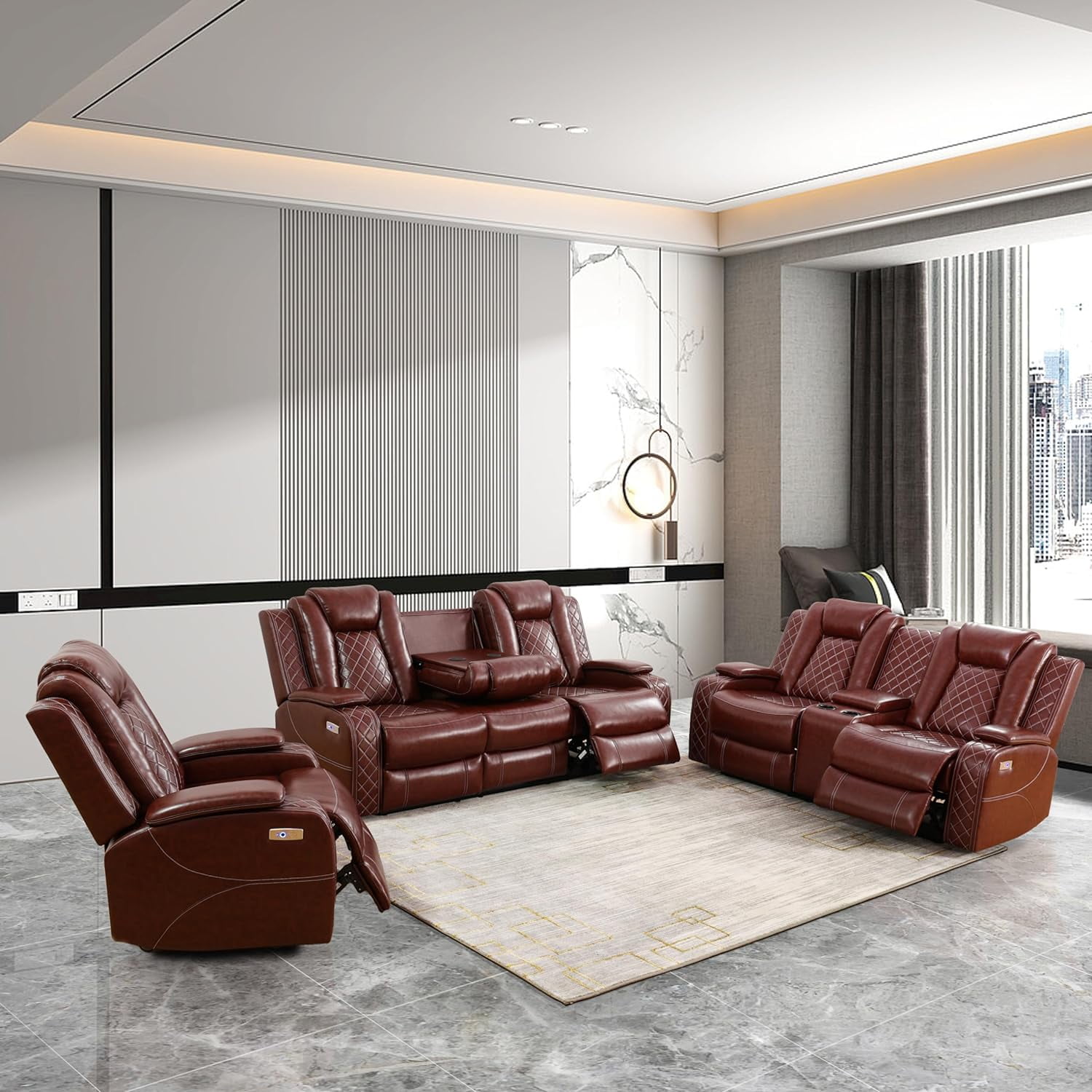 PonLiving Leather Power Recliner Sofa Set LED Lights USB Chargers Burgundy Leather Living Room Furniture Set SOFA LOVESEAT CHAIR Walmart Business Supplies