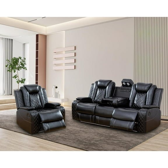 PonLiving Leather Power Recliner Sofa Set with LED Lights and USB Chargers - Black Leather Living Room Furniture SOFA