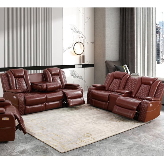PonLiving Leather Power Recliner Sofa Set with LED Lights and USB Chargers - Burgundy Leather Living Room Furniture Set SOFA+LOVESEAT