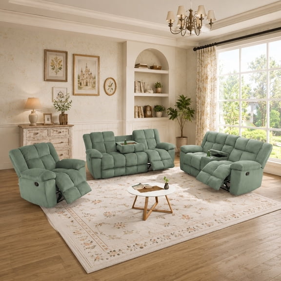 PonLiving Modern Corduroy Recliner Sofa Set with Overstuffed Arms, 3-Piece Green Living Room Office Couch Set