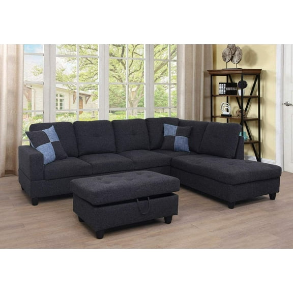 PonLiving PON L-Shape Sectional Sofa Couch Set, Morden Fabric Couch Set, with Right Hand Chaise Lounge, 2 Toss Pillows Included