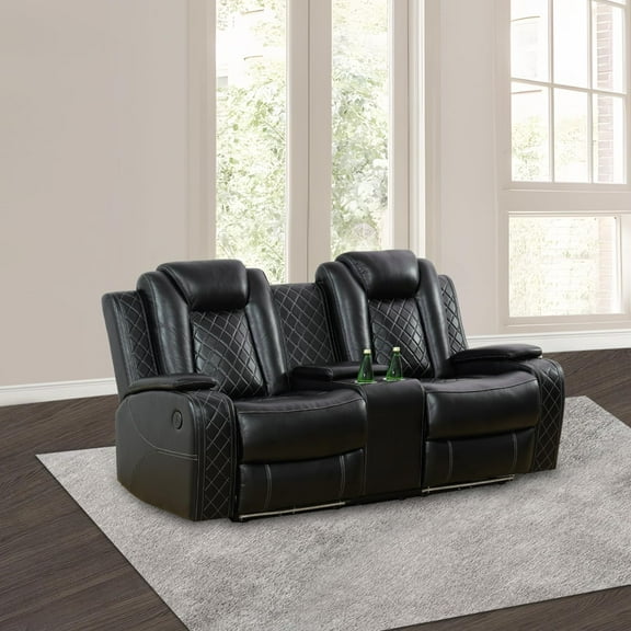 PonLiving Power Leather Recliner Loveseat with LED Lights,with USB Port/Storage Console/Cup Holders. Black