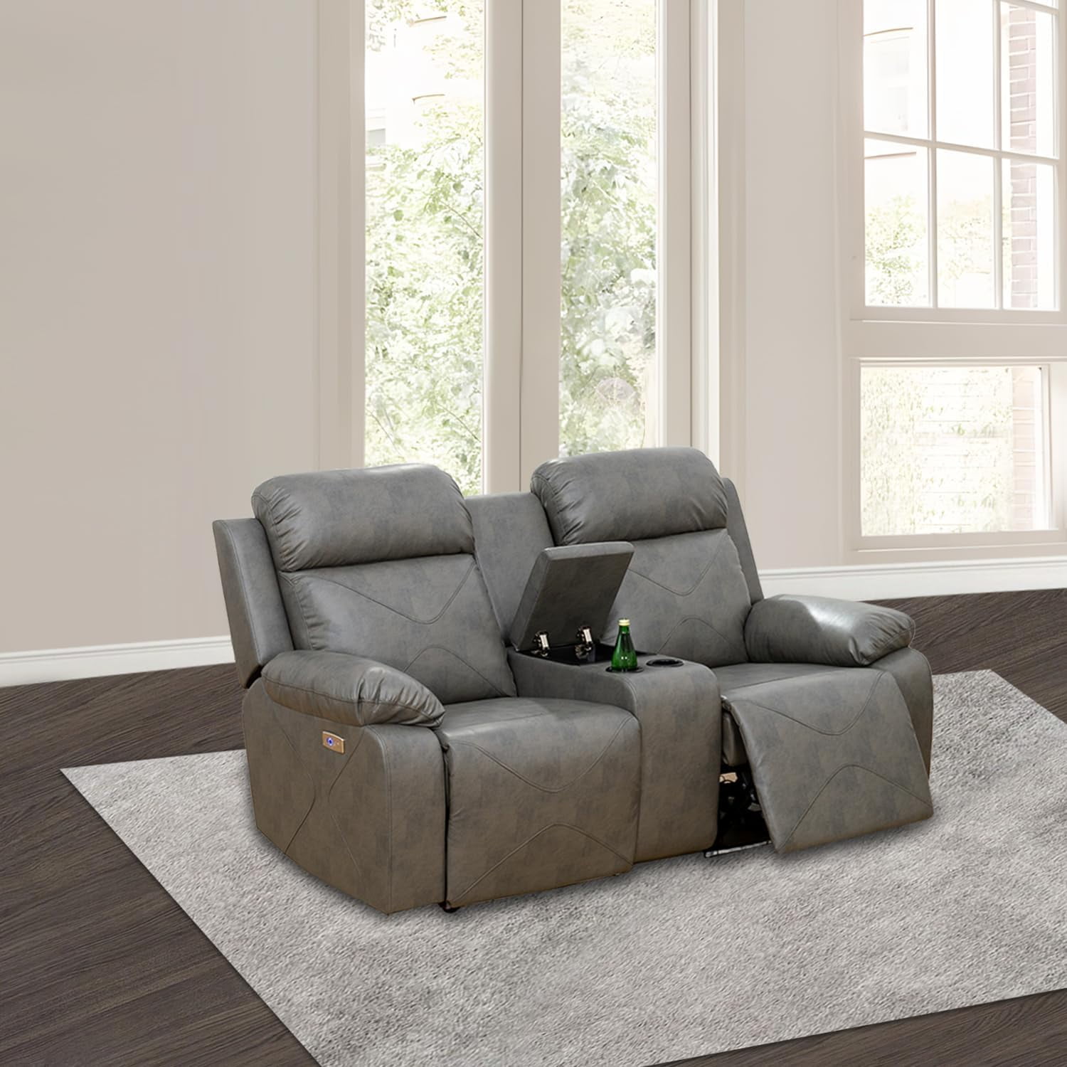 PonLiving Power Leather Recliner Loveseat with LED Lights,with USB Port/Storage Console/Cup Holders. Grey