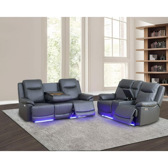 PonLiving Power Leather Recliner Sofa Set with LED Lights,Leather Couch Set,Living Room Furniture Sets with USB Port/Storage Console/Cup Holders Leather Sofa and Loveseat ) Drak Grey