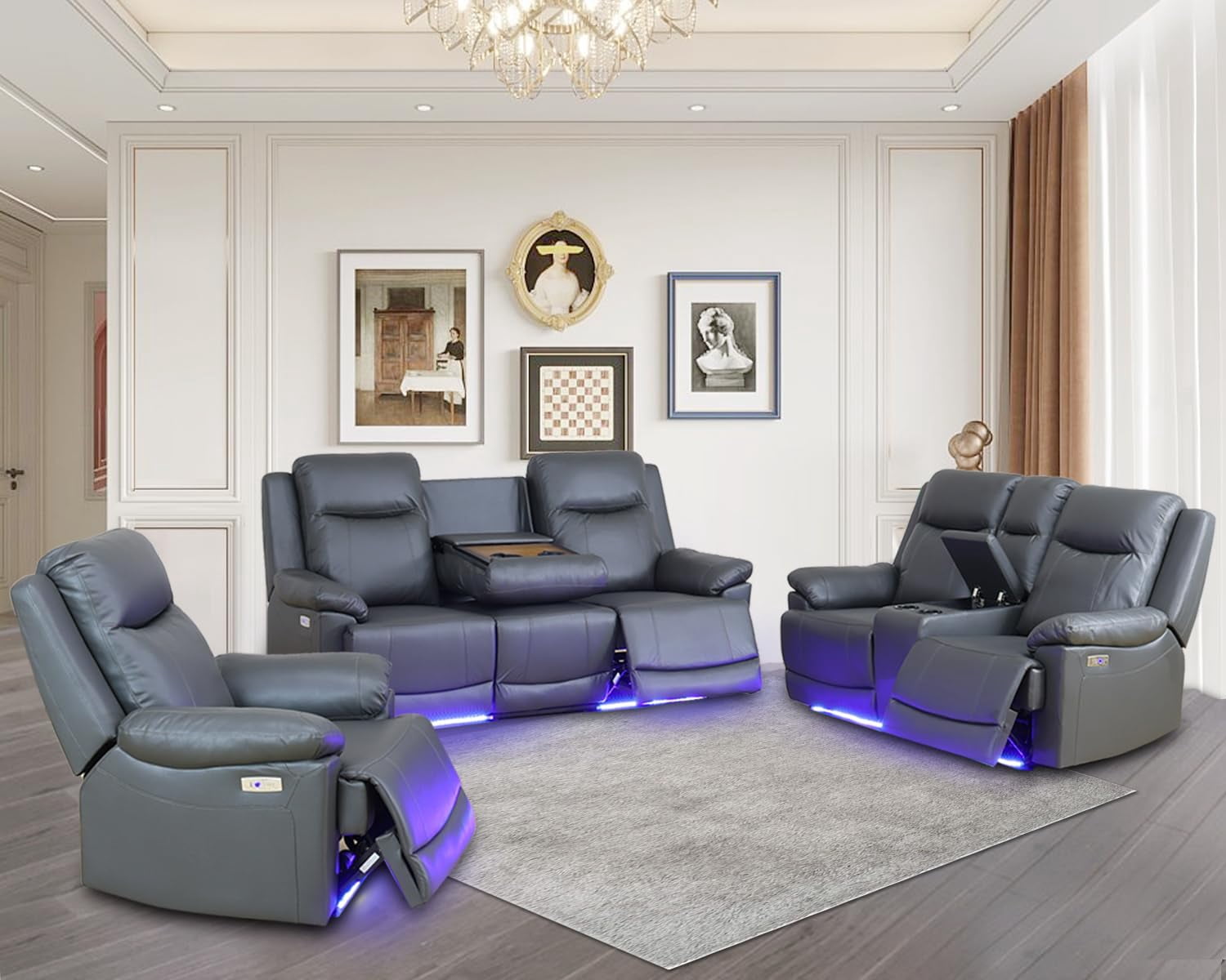 PonLiving Power Leather Recliner Sofa Set with LED Lights,Leather Couch Set,Living Room Furniture Sets with USB Port/Storage Console/Cup HoldersLeather Sofa Set/3 Pieces Set) Dark Grey