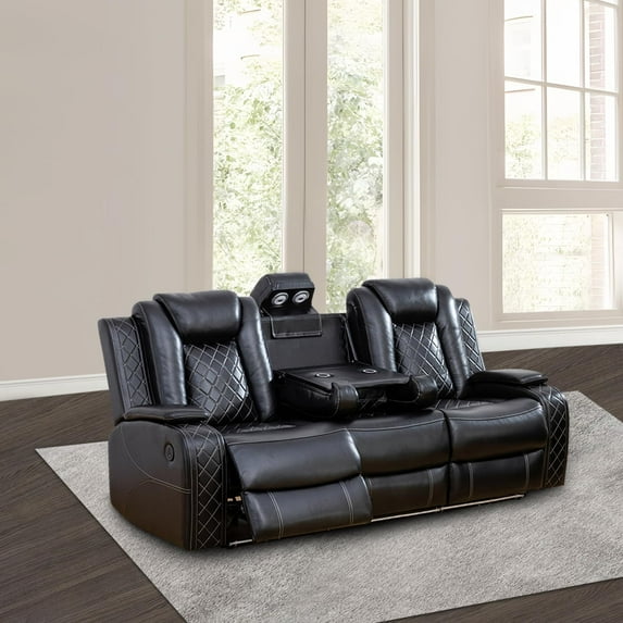 PonLiving Power Leather Recliner Sofa with LED Lights,with USB Port/Storage Console/Cup Holders. Black