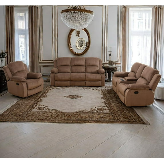 PonLiving Recliner Sofa Set, Fabric Reclining Sofa Set for Living Room Furniture Sets, Brown Recliner Couch Set for Living Room/Office/Theater Seating