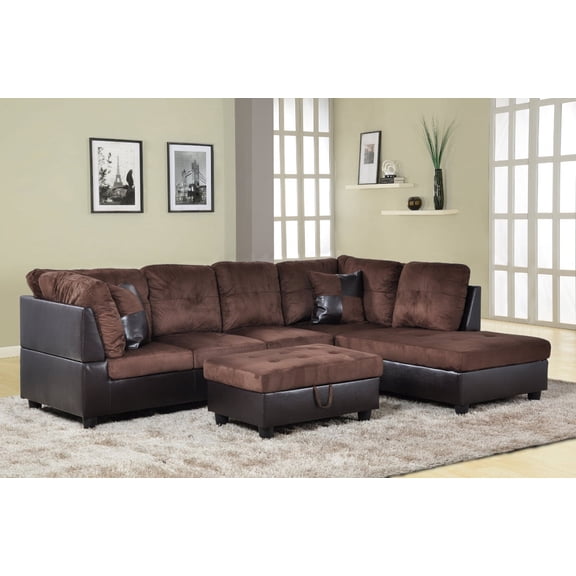PonLiving Right Chaise Sectional Sofa With Storage Ottoman, Chocolate Brown, Microfiber