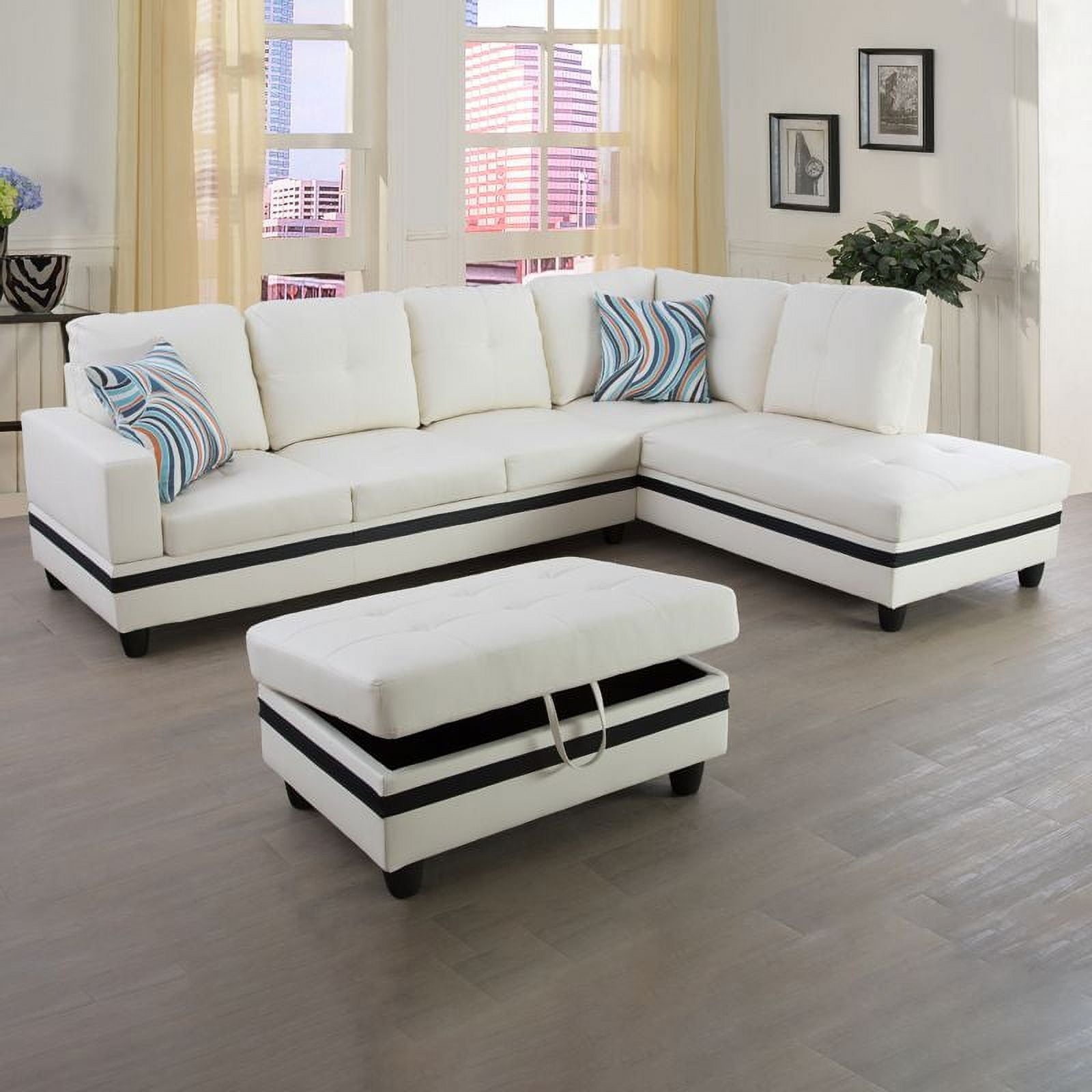PonLiving Right Hand Facing Leather L Shaped Sectional Sofa with Ottoman, White and Black
