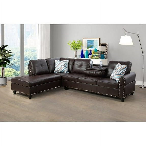 PonLiving Sectional Sofa, 97.5" Brown Faux Leather 2 Piece Living Room Faux Leather Couch , Cup Holder, Left Facing Chaise