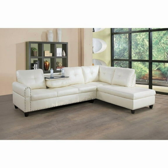 PonLiving Sectional Sofa, 2 Piece Living Room Faux Leather Couch with Storage Ottoman, Cup Holder, Left Facing Chaise, Off White
