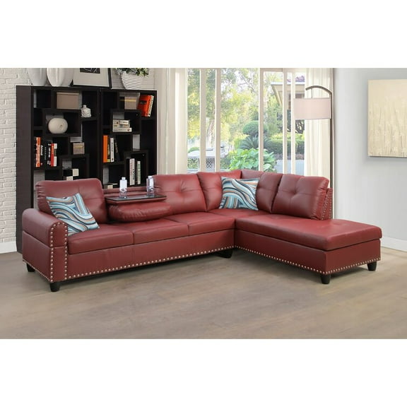 PonLiving Sectional Sofa, 97.5" Red Faux Leather 2 Piece Living Room Faux Leather Couch , Cup Holder, Left Facing Chaise