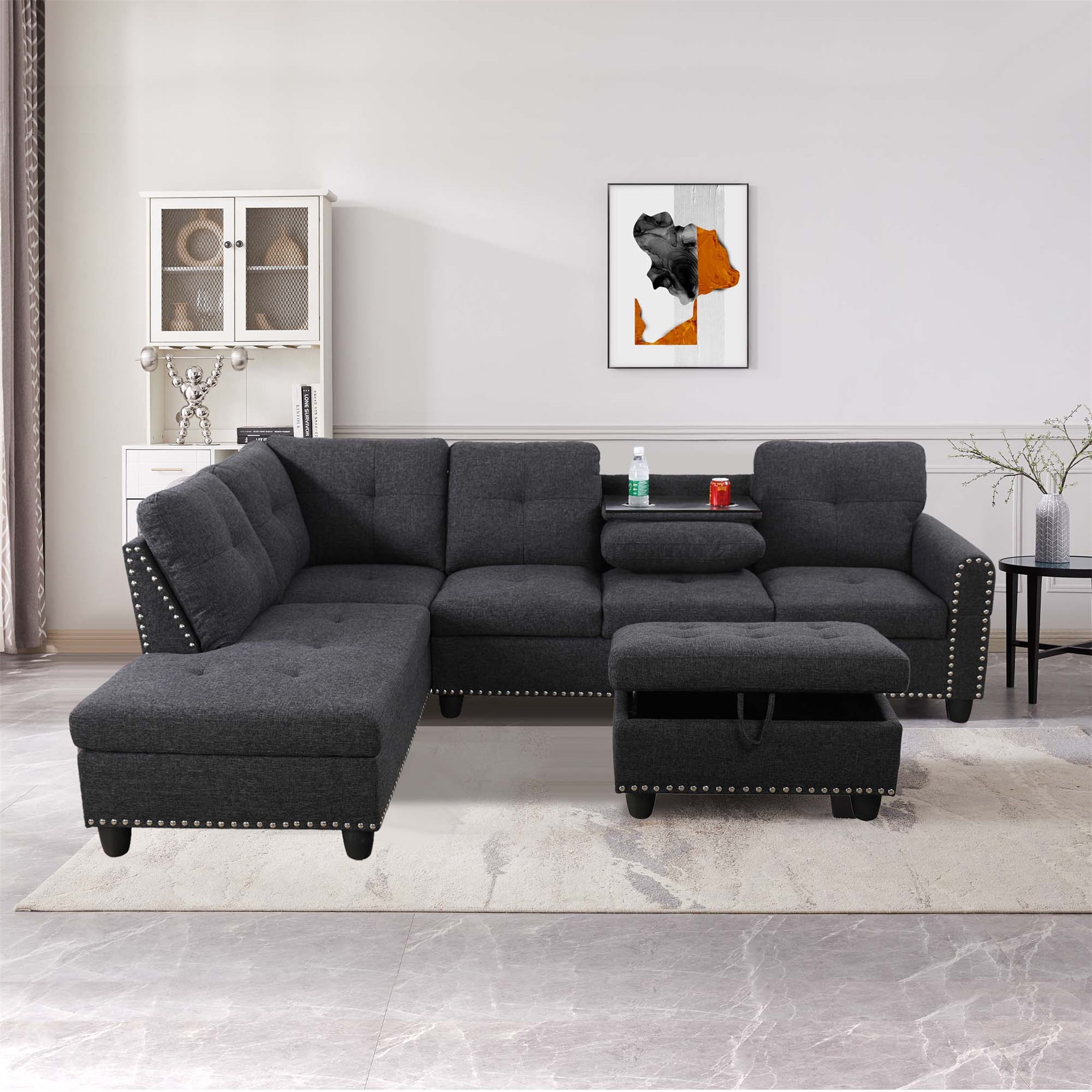 PonLiving Sectional Sofa, 2 Piece Living Room Linen Couch with Storage
