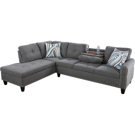 PonLiving Sectional Sofa, 2 Piece Living Room Linen Couch with Storage Ottoman, Cup Holder, Left Facing Chaise, Grey