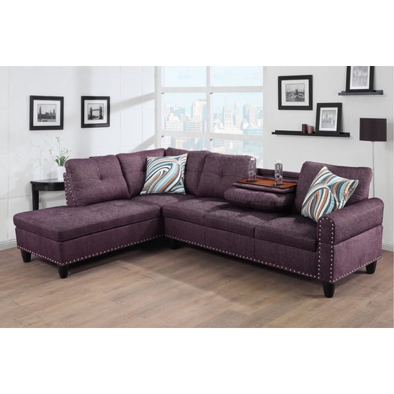 PonLiving Sectional Sofa, 2 Piece Living Room Linen Couch with Storage Ottoman, Cup Holder, Left Facing Chaise, Purple