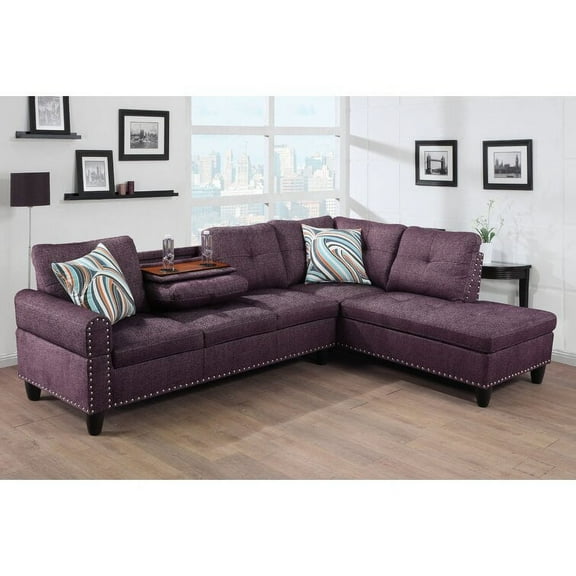 PonLiving Sectional Sofa, 2 Piece Living Room Linen Couch with Storage Ottoman, Cup Holder, Left Facing Chaise, Purple