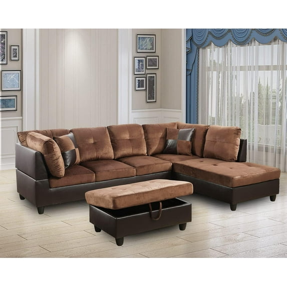 PonLiving Sectional Sofa, 103.5" 3 Piece Living Room Couch with Storage Ottoman, L Facing Chaise, Microfiber with Faux Leather Brown