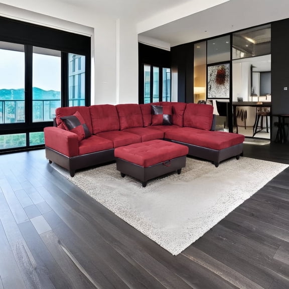 PonLiving Sectional Sofa, 3 Piece Living Room Couch with Storage Ottoman, L Facing Chaise, Red