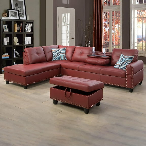 PonLiving Sectional Sofa, 3 Piece Living Room Faux Leather Couch with Storage Ottoman, Cup Holder, Left Facing Chaise, Red
