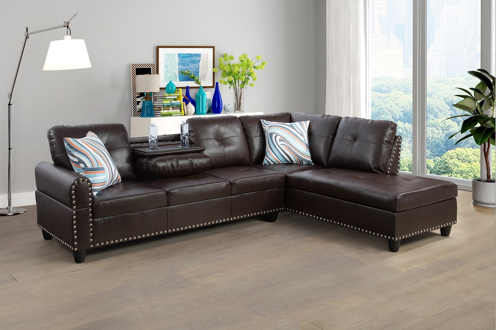PonLiving Sectional Sofa, 97.5" Brown Faux Leather 2 Piece Living Room Faux Leather Couch , Cup ...
