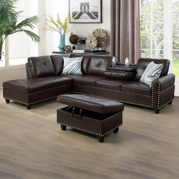 PonLiving Sectional Sofa, 97.5" Brown Faux Leather 3 Piece Living Room Faux Leather Couch with Storage Ottoman, Cup Holder, Left Facing Chaise