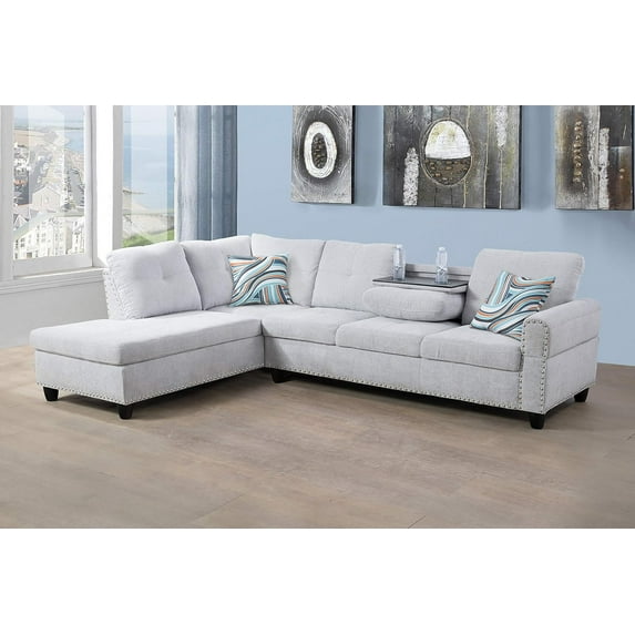 PonLiving Sectional Sofa, 97.5" Grey White Flannel 2 Piece Living Room Linen Couch , Cup Holder, Left Facing Chaise